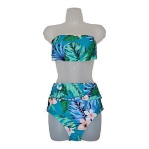 Kona Sol Two Piece Tropical Print Bandeau Top High Waist Size Medium